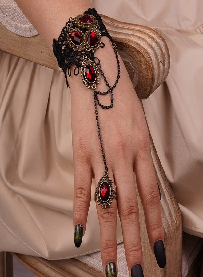 Missgrace Women Retro Gothic Vintage Lace Red Rhinestone Bracelet with Ring Jewelry Punk Crystal Dangle Black Chain Tassel Gloves Bracelet for Women - Image 3