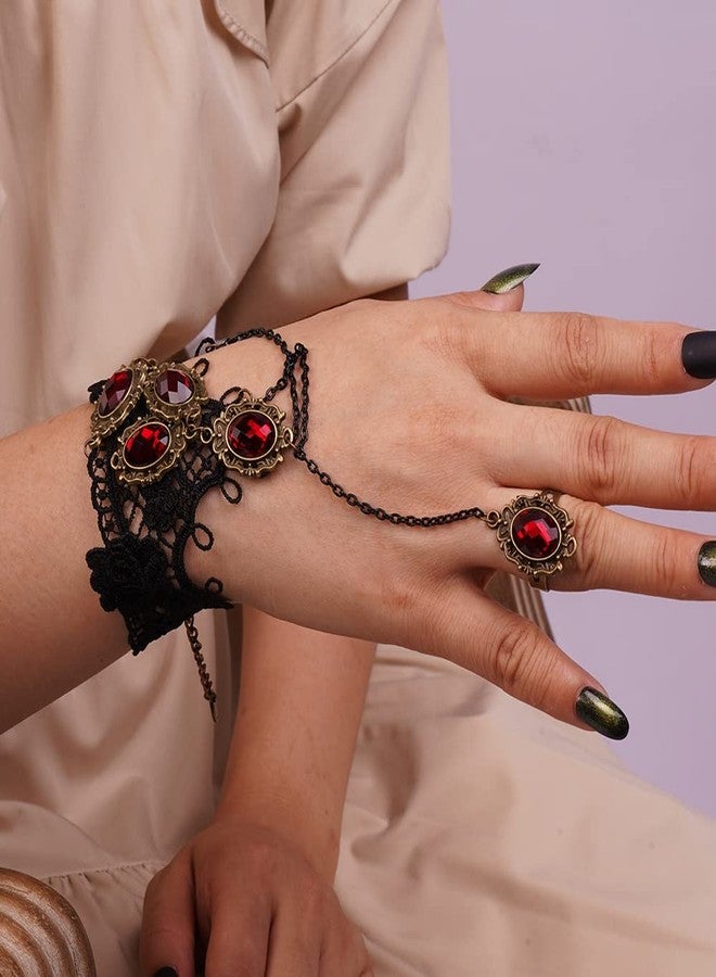 Missgrace Women Retro Gothic Vintage Lace Red Rhinestone Bracelet with Ring Jewelry Punk Crystal Dangle Black Chain Tassel Gloves Bracelet for Women - Image 2