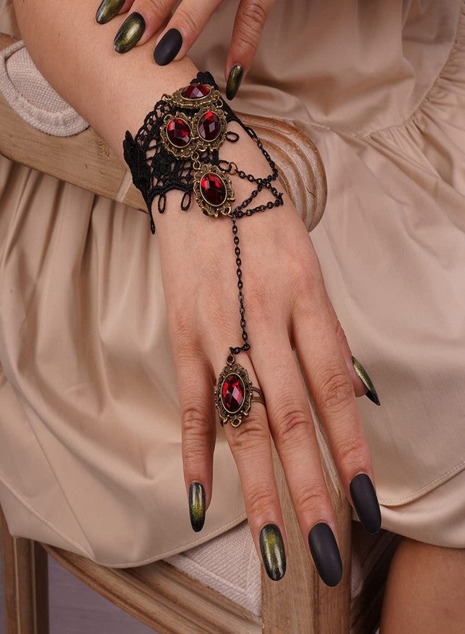Missgrace Women Retro Gothic Vintage Lace Red Rhinestone Bracelet with Ring Jewelry Punk Crystal Dangle Black Chain Tassel Gloves Bracelet for Women - Image 4