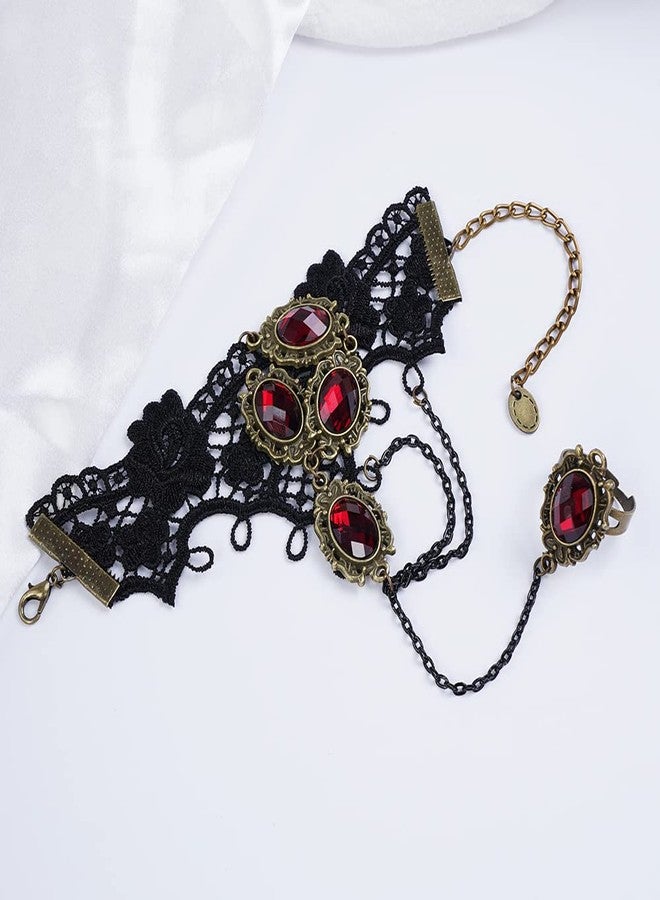 Missgrace Women Retro Gothic Vintage Lace Red Rhinestone Bracelet with Ring Jewelry Punk Crystal Dangle Black Chain Tassel Gloves Bracelet for Women - Image 5