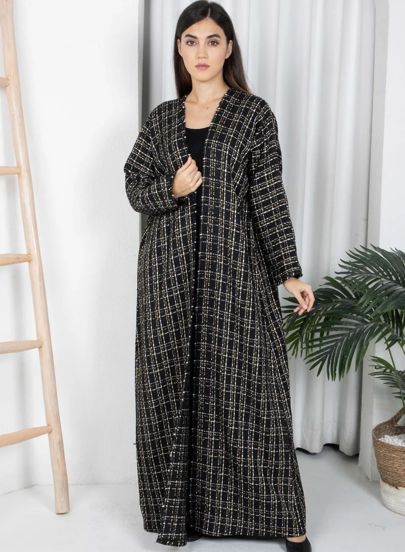 MSquare Fashion Black Winter Tweed Abaya with Multicolor Thread Details with Headscarf