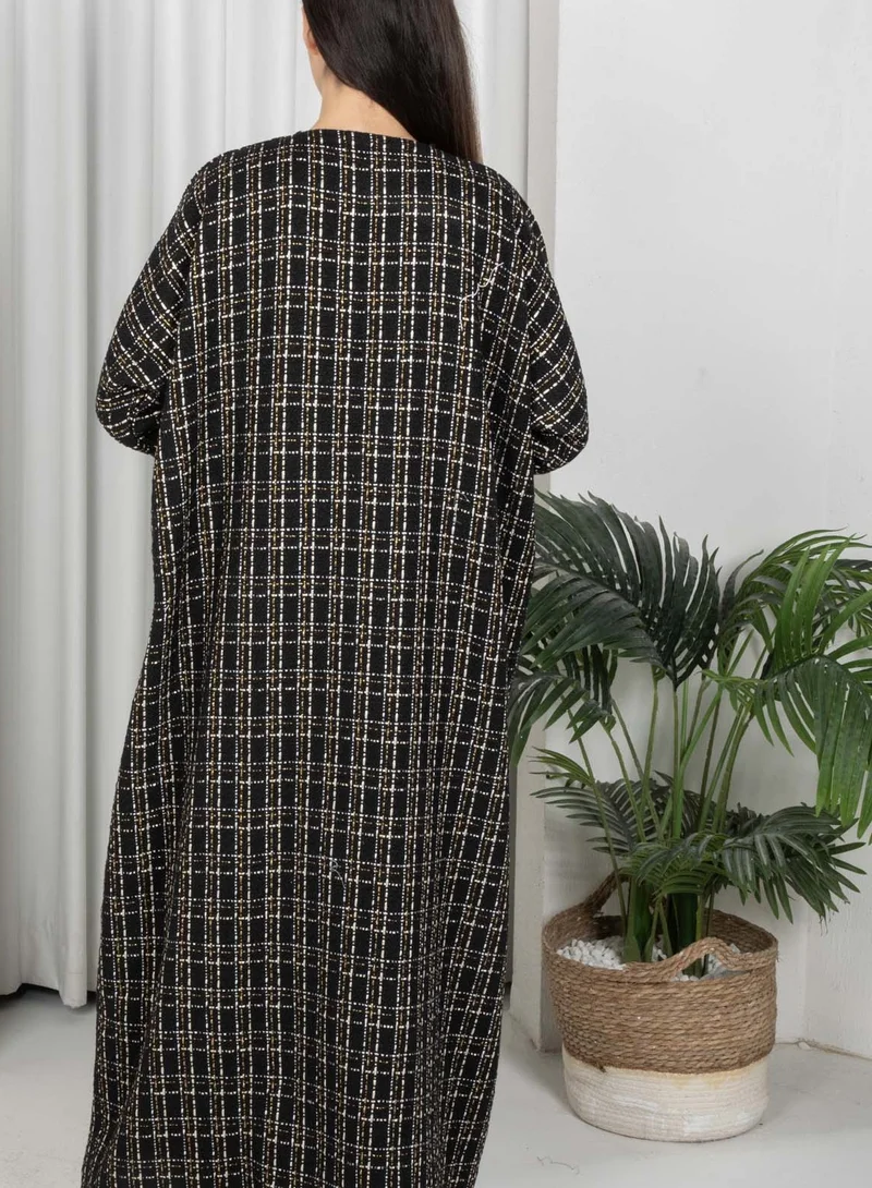 MSquare Fashion Black Winter Tweed Abaya with Multicolor Thread Details with Headscarf