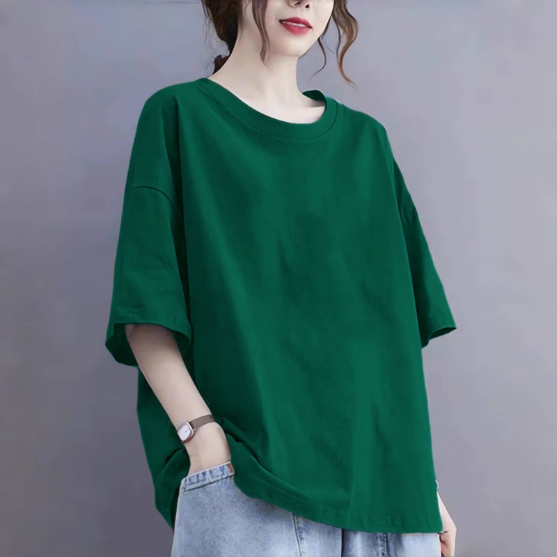 Dark green cotton loose short-sleeved T-shirt for women's summer new European large version medium-length fashionable versatile top trend - Image 1