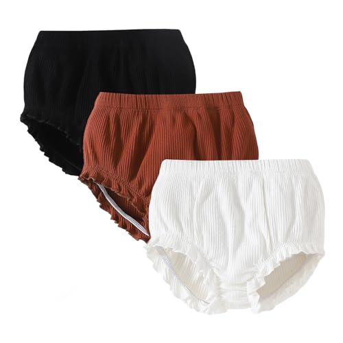 SOBOWO 3-Pack Bloomers for Baby Girls Diaper Covers Ribbed Ruffle Solid Triangle Baby Girl Shorts Summer Toddler Underwear(Black/Brown/White, 12-18 Months) - Image 1