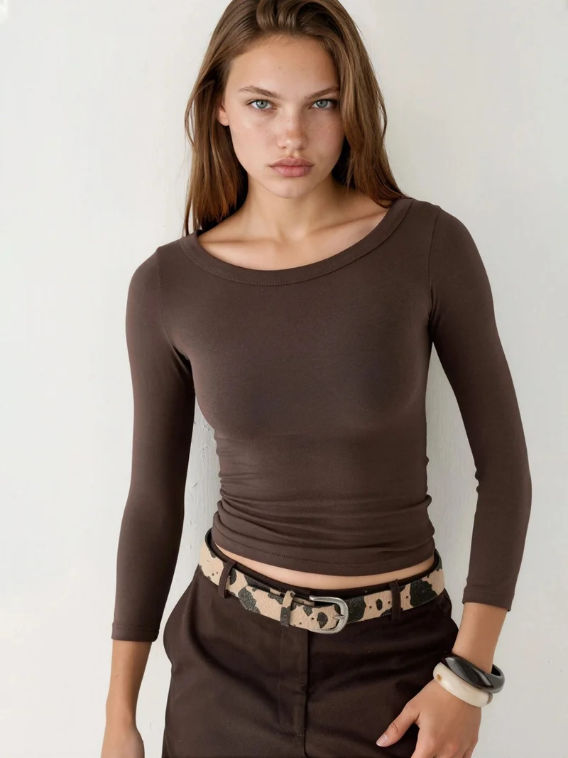 بوسيم BUSEM Crew Neck Ribbed Long Sleeve Blouse