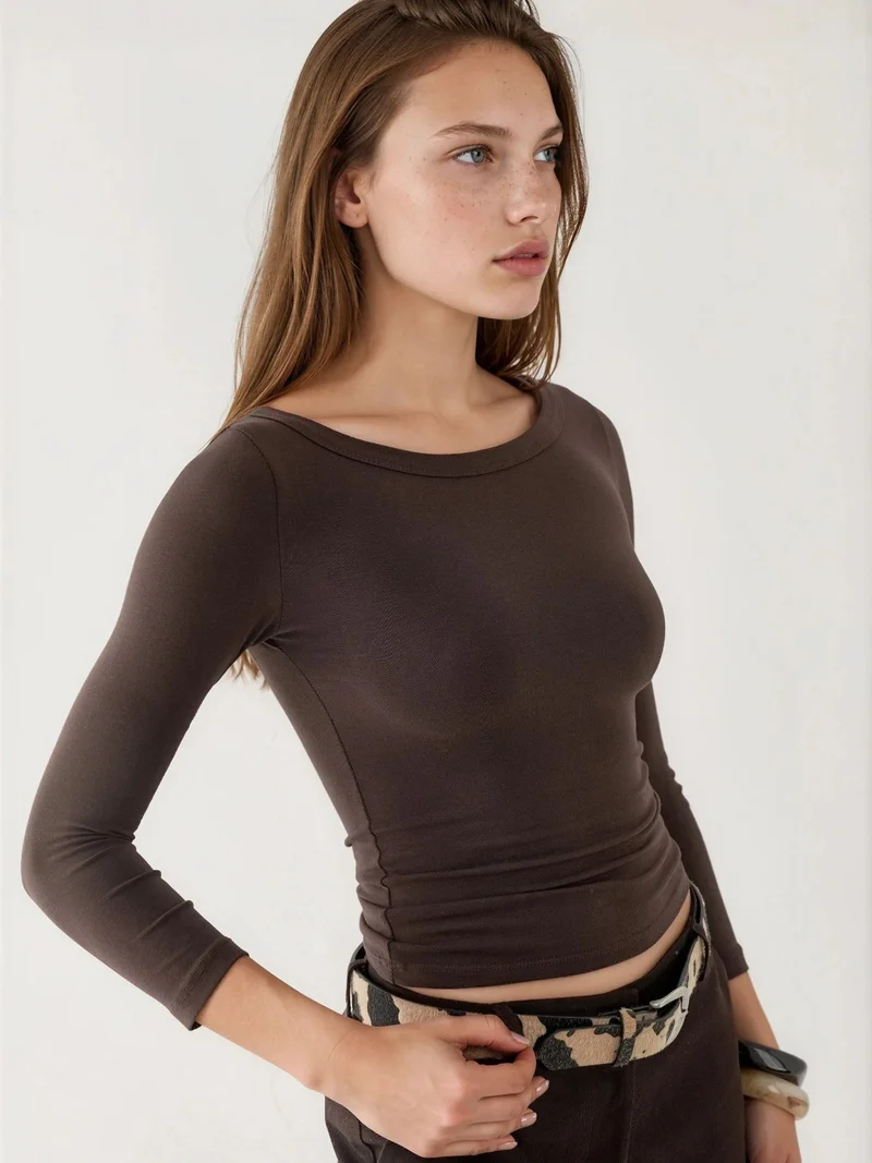 بوسيم BUSEM Crew Neck Ribbed Long Sleeve Blouse