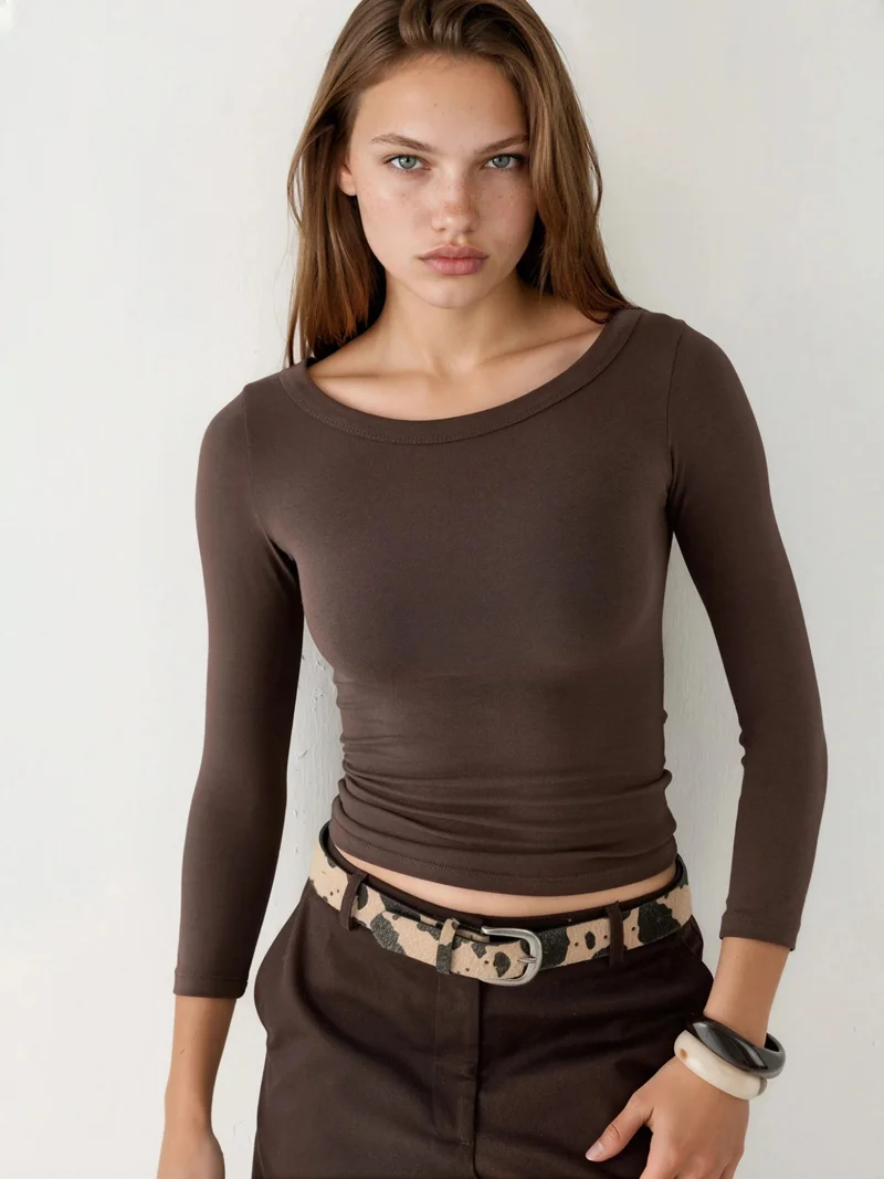 بوسيم BUSEM Crew Neck Ribbed Long Sleeve Blouse