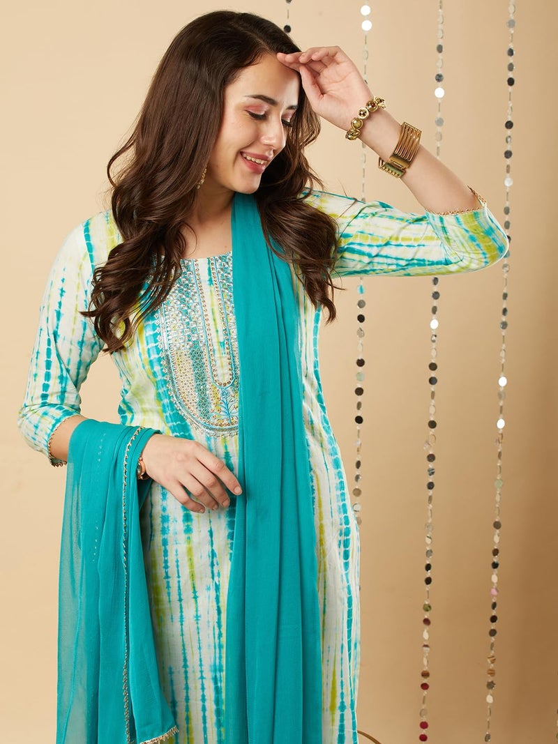 ANNI DESIGNER Women's Cotton Blend Straight Printed Kurta with Pant & Dupatta (Tiedye-RAMA Blue_M_Blue_Medium) - Image 2
