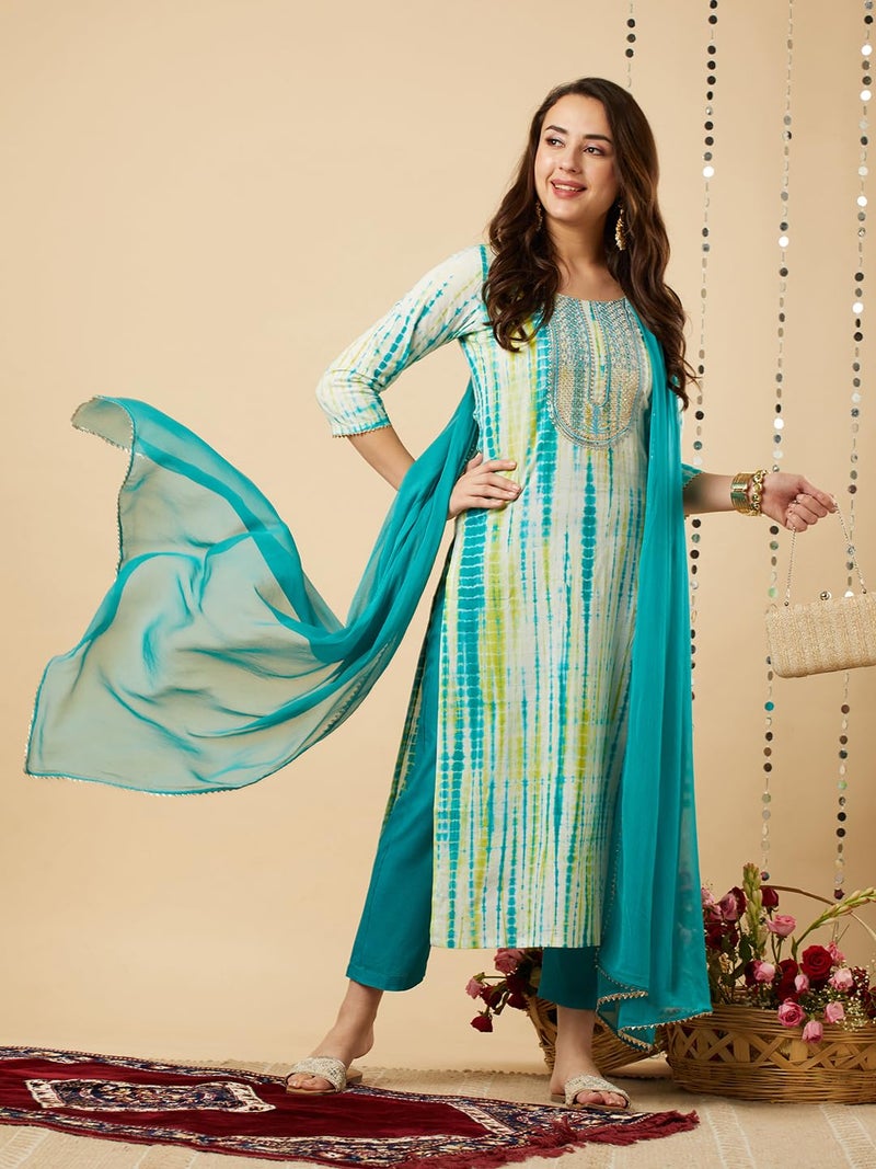 ANNI DESIGNER Women's Cotton Blend Straight Printed Kurta with Pant & Dupatta (Tiedye-RAMA Blue_M_Blue_Medium) - Image 4