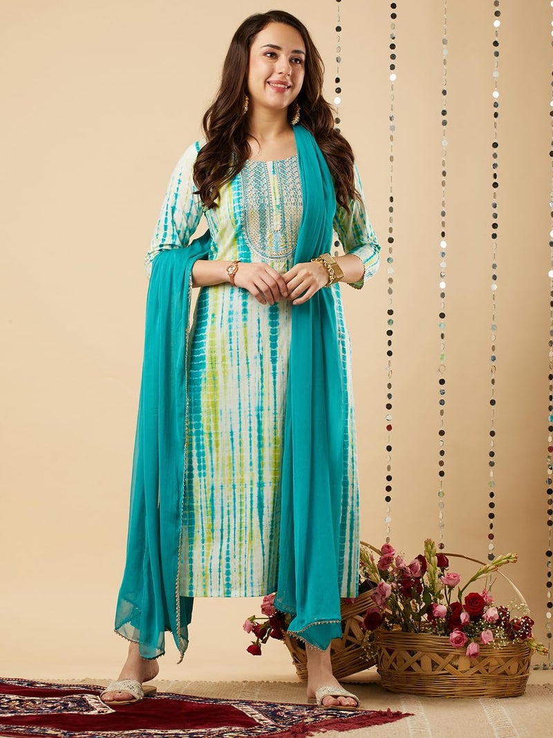 ANNI DESIGNER Women's Cotton Blend Straight Printed Kurta with Pant & Dupatta (Tiedye-RAMA Blue_M_Blue_Medium) - Image 3