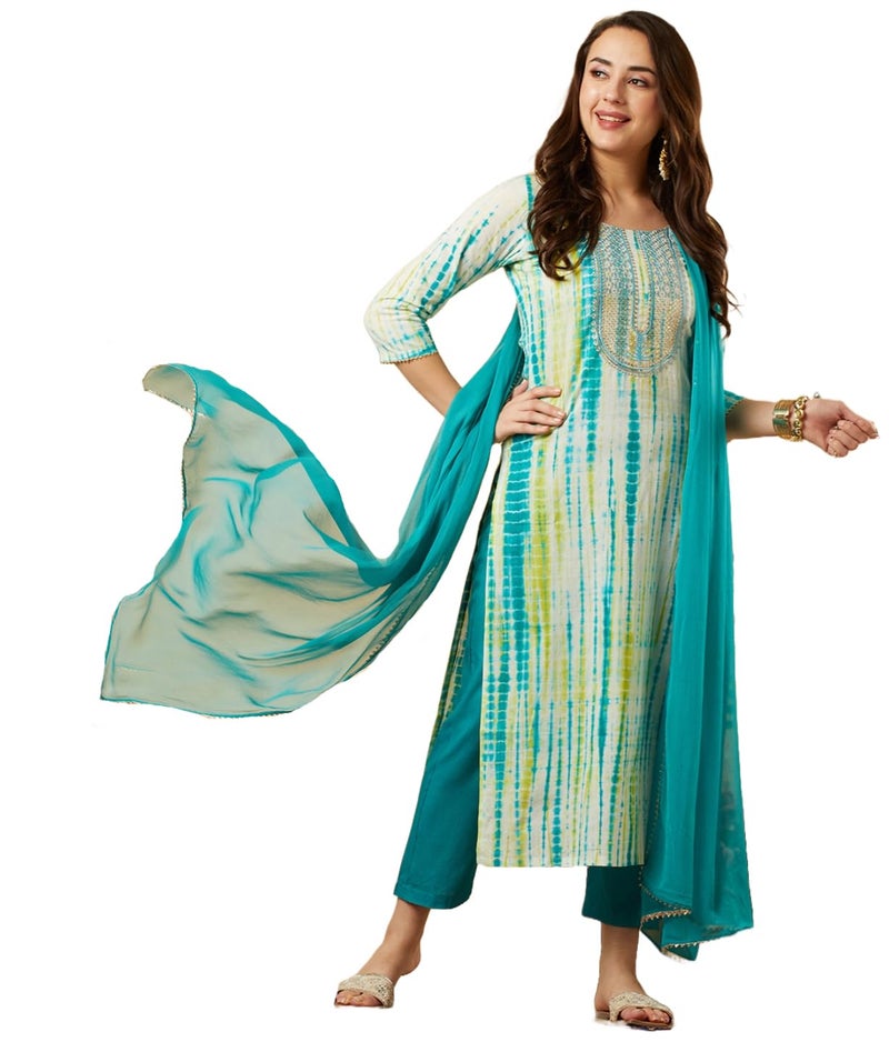 ANNI DESIGNER Women's Cotton Blend Straight Printed Kurta with Pant & Dupatta (Tiedye-RAMA Blue_M_Blue_Medium) - Image 1