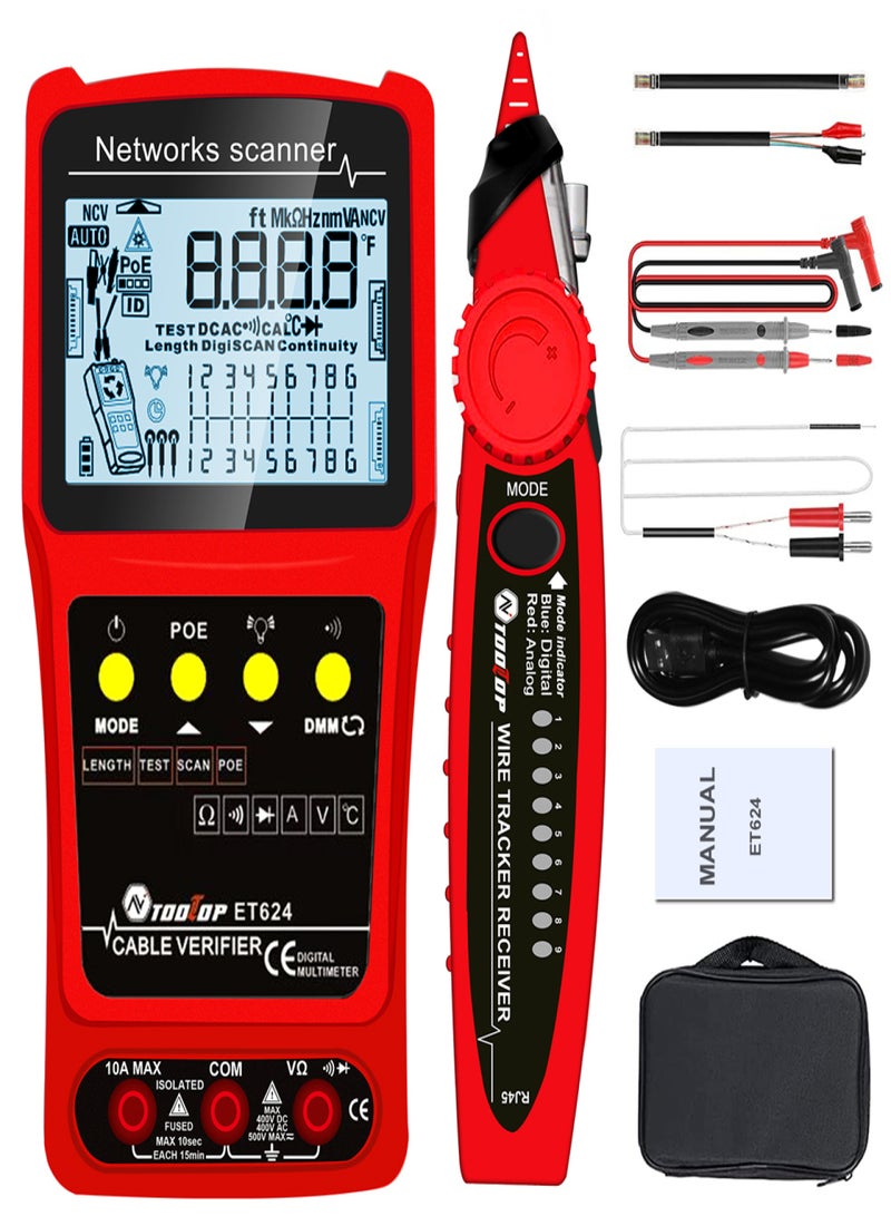 Handheld Portable 2in1 Network Cable Finder Multimeter LCD Display with Backlight Analogs Digital Search POE Test Cable Pairing Sensitivity Adjustable Network Short Circuit Open Circuit Measure - Image 1