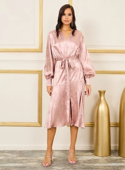 Styli Styli Satin Jacquard Print Self Tie Up A-Line Midi Dress