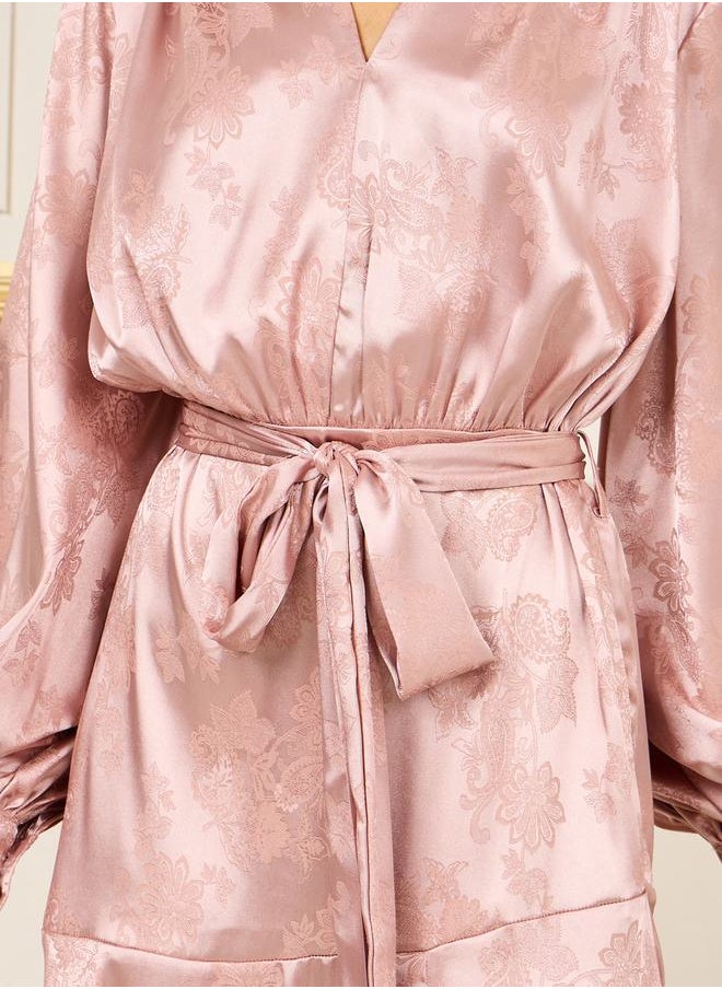 Styli - Satin Jacquard Print Self Tie Up A-Line Midi Dress - Image 1