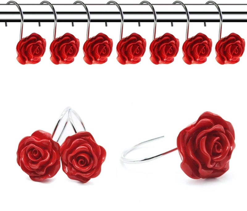 FINROS 12 PCS Home Fashion Decorative Anti Rust Shower Curtain Hooks Rose Design Shower Curtain Rings Hooks (RED) - Image 1