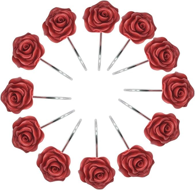 FINROS 12 PCS Home Fashion Decorative Anti Rust Shower Curtain Hooks Rose Design Shower Curtain Rings Hooks (RED) - Image 5