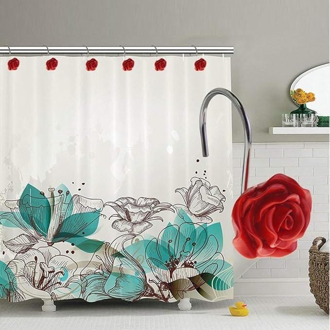 FINROS 12 PCS Home Fashion Decorative Anti Rust Shower Curtain Hooks Rose Design Shower Curtain Rings Hooks (RED) - Image 2