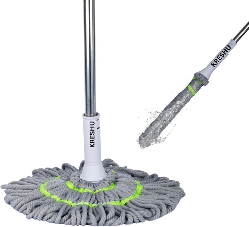 KRESHU Twist Mop Easy Self Wringing String Mop Microfiber Handle Dust Removal Wet & Quick Dry Floor Cleaning Mop Adjustable Height Super Absorbent Rotating Hands Free Mop (Pack of 1) - Image 1