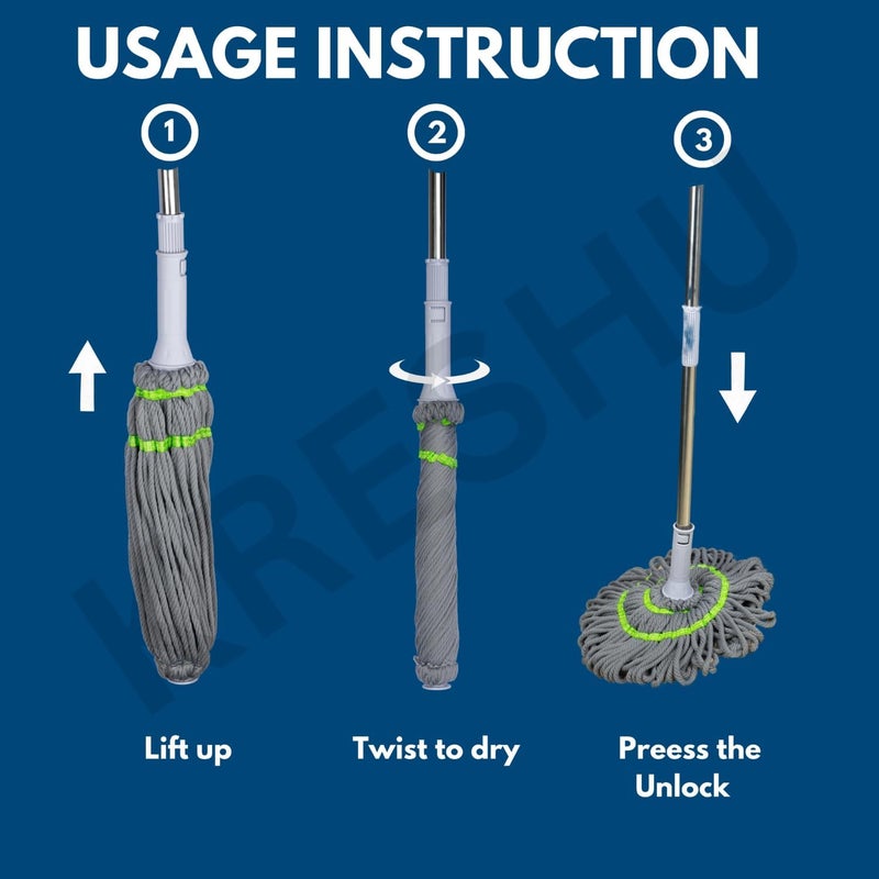 KRESHU Twist Mop Easy Self Wringing String Mop Microfiber Handle Dust Removal Wet & Quick Dry Floor Cleaning Mop Adjustable Height Super Absorbent Rotating Hands Free Mop (Pack of 1) - Image 5
