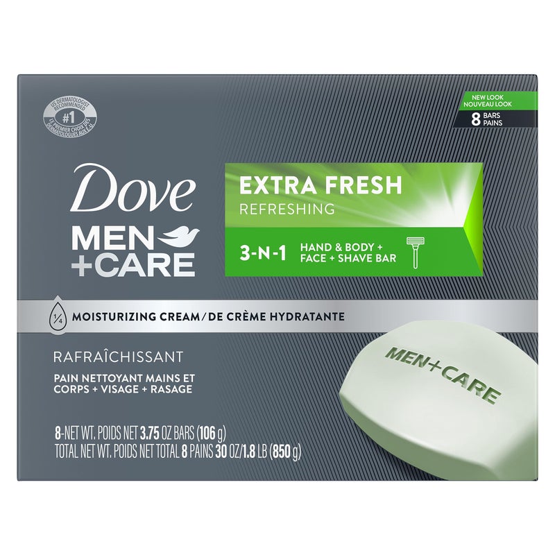 Dove Men+Care منظف 3 في 1 من DOVE MEN + CARE للجسم والوجه والحلاقة منظف فائق الانتعاش للجسم والوجه أكثر ترطيبًا من الصابون العادي لتنظيف وترطيب البشرة 3.75 أونصة (عبوة من 8 قطع) - Image 1