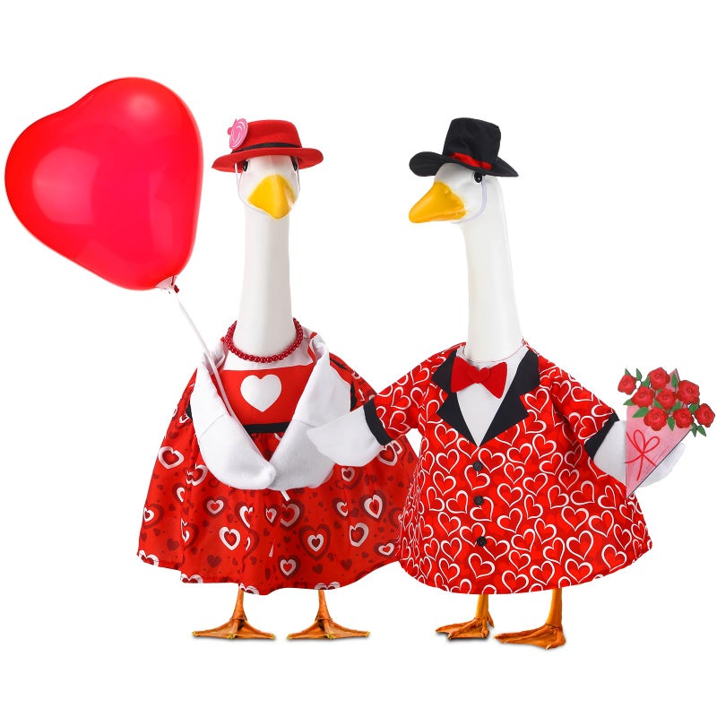 Abbylike 2 Sets Valentine's Day Porch Goose Outfits Red Heart Porch Yard Goose Outfits Clothes Costume Fits Large 23'' Cement for Garden Yard Statue Pathway Decorations - Image 1