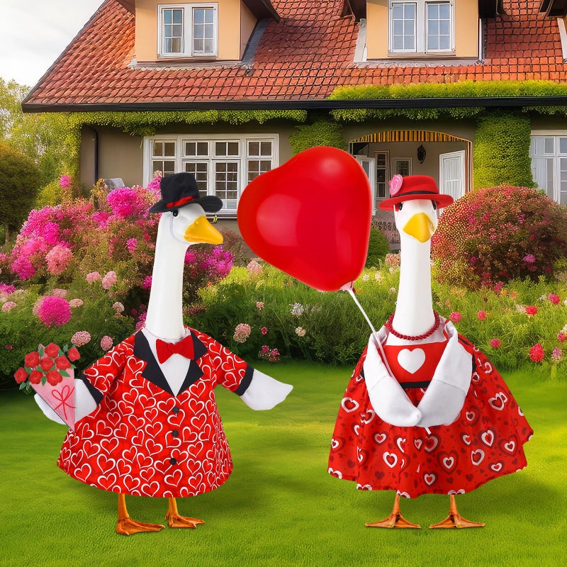 Abbylike 2 Sets Valentine's Day Porch Goose Outfits Red Heart Porch Yard Goose Outfits Clothes Costume Fits Large 23'' Cement for Garden Yard Statue Pathway Decorations - Image 5