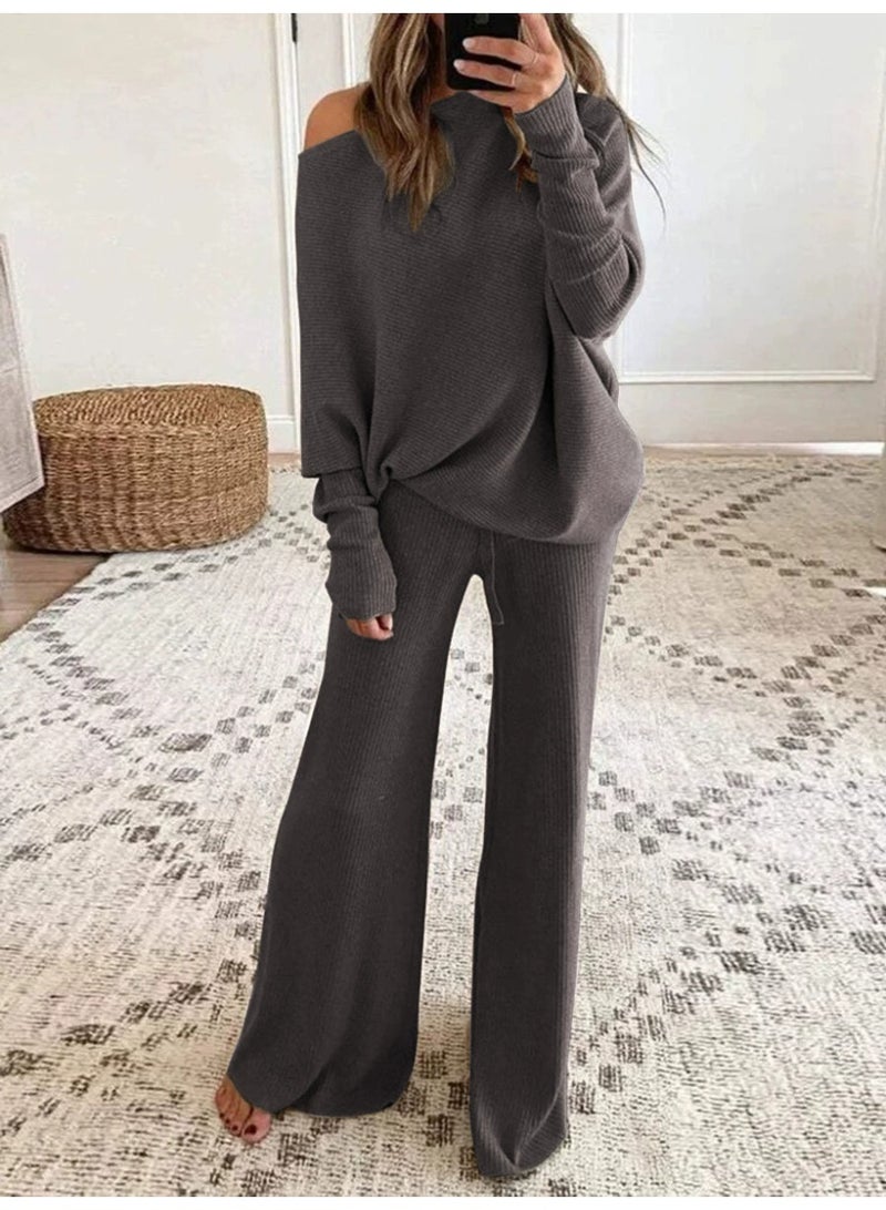 general 2025-2026 Solid-color Simple Batwing Sleeve Long-Sleeved Drawstring High-Waist Wide-Fit Long Pants Knitted Two-Piece Set - Image 1