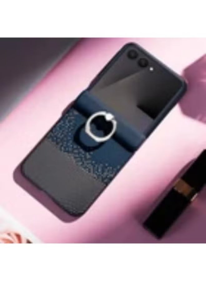 جراب فاخر ذو ملمس مميز مع حامل حلقة معدنية لهاتف Galaxy Z Flip 3 - غطاء حماية قابل للطي فاخر مع حامل حلقة معدنية، بنمط مربعات - أزرق - Image 3