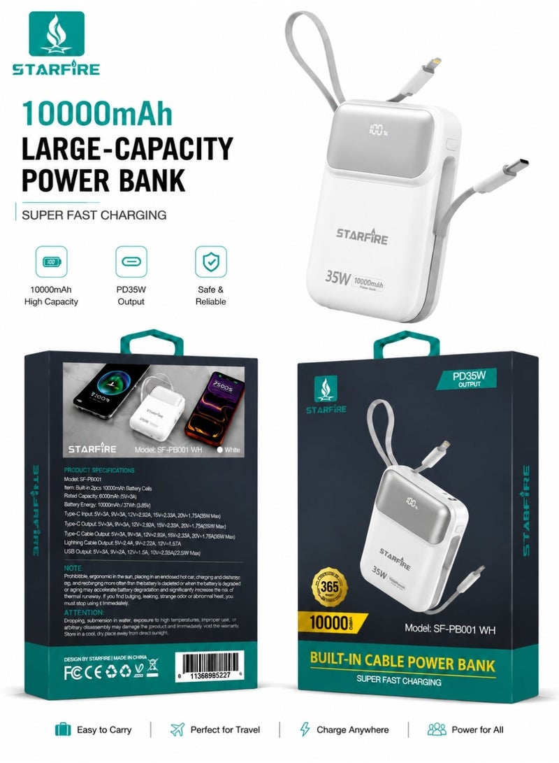Starfire 10000mAh Power Bank with 35W PD Fast Charging, Built-in Type-C & Lightning Cables, LED Digital Display, USB Output Portable Charger Battery Pack for iPhone, Samsung Galaxy, Android Phones, Tablets & Travel - Image 1