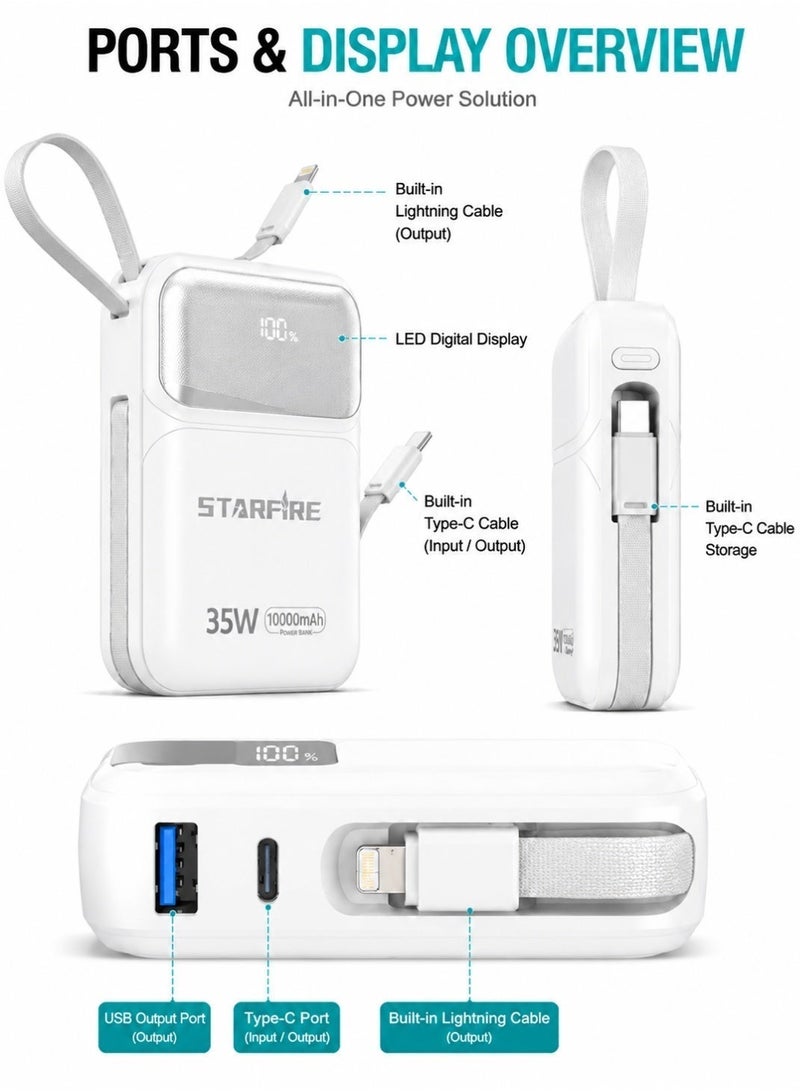 Starfire 10000mAh Power Bank with 35W PD Fast Charging, Built-in Type-C & Lightning Cables, LED Digital Display, USB Output Portable Charger Battery Pack for iPhone, Samsung Galaxy, Android Phones, Tablets & Travel - Image 2