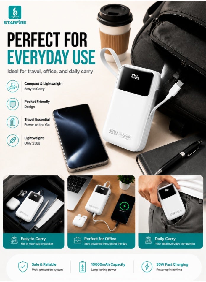 Starfire 10000mAh Power Bank with 35W PD Fast Charging, Built-in Type-C & Lightning Cables, LED Digital Display, USB Output Portable Charger Battery Pack for iPhone, Samsung Galaxy, Android Phones, Tablets & Travel - Image 3