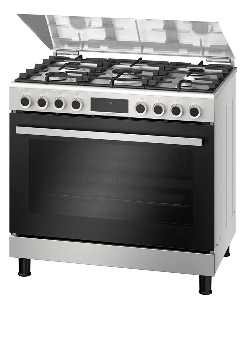 Bosch Serie 6 Freestanding Gas Cooker, 90 cm, 5 Burners, Stainless Steel, XXL Oven 147L, Catalytic Cleaning, Rotisserie – HGP3I8W50S HGP3I8W50S Stainless steel - Image 1