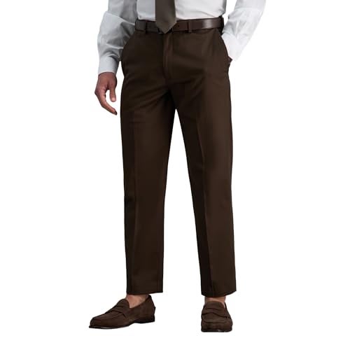 Haggar mens Premium No Iron Khaki Classic Fit Expandable Waist Flat Front Pant, Chocolate, 42x30 - Image 1