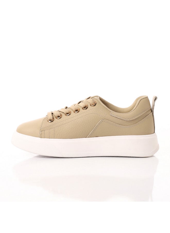 Mr.joe - Genuine Leather Plain Lace Up Leather Beige Sneakers - Image 1