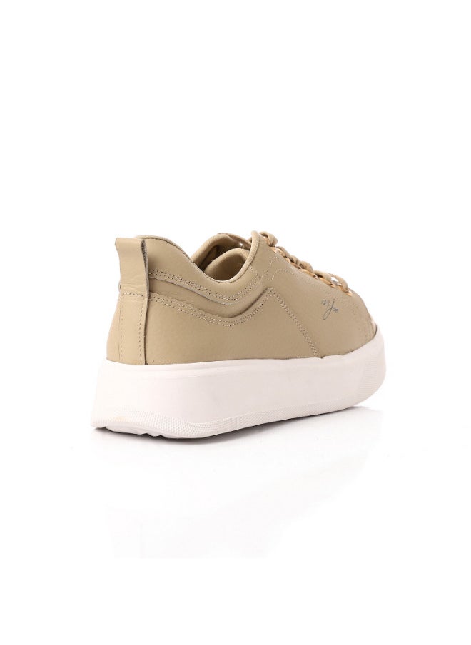 Mr.joe - Genuine Leather Plain Lace Up Leather Beige Sneakers - Image 1