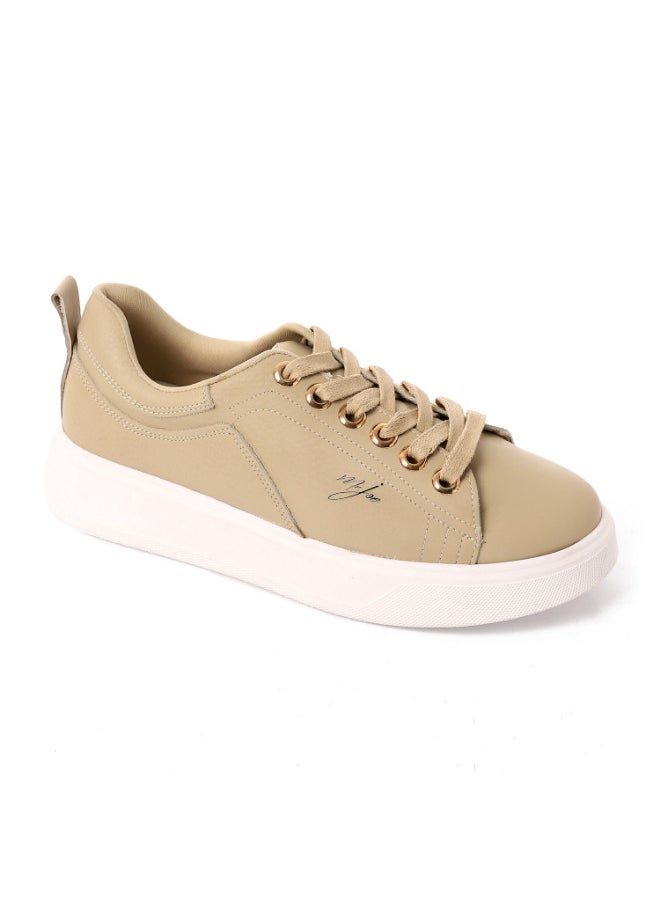 Mr.joe - Genuine Leather Plain Lace Up Leather Beige Sneakers - Image 1