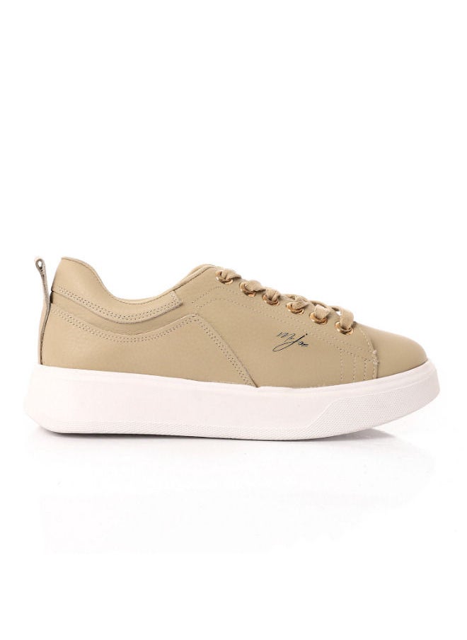 Mr.joe - Genuine Leather Plain Lace Up Leather Beige Sneakers - Image 1