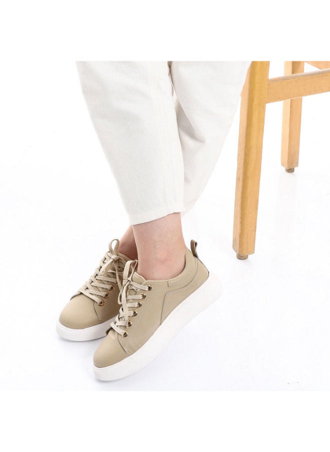 Mr.joe - Genuine Leather Plain Lace Up Leather Beige Sneakers - Image 1