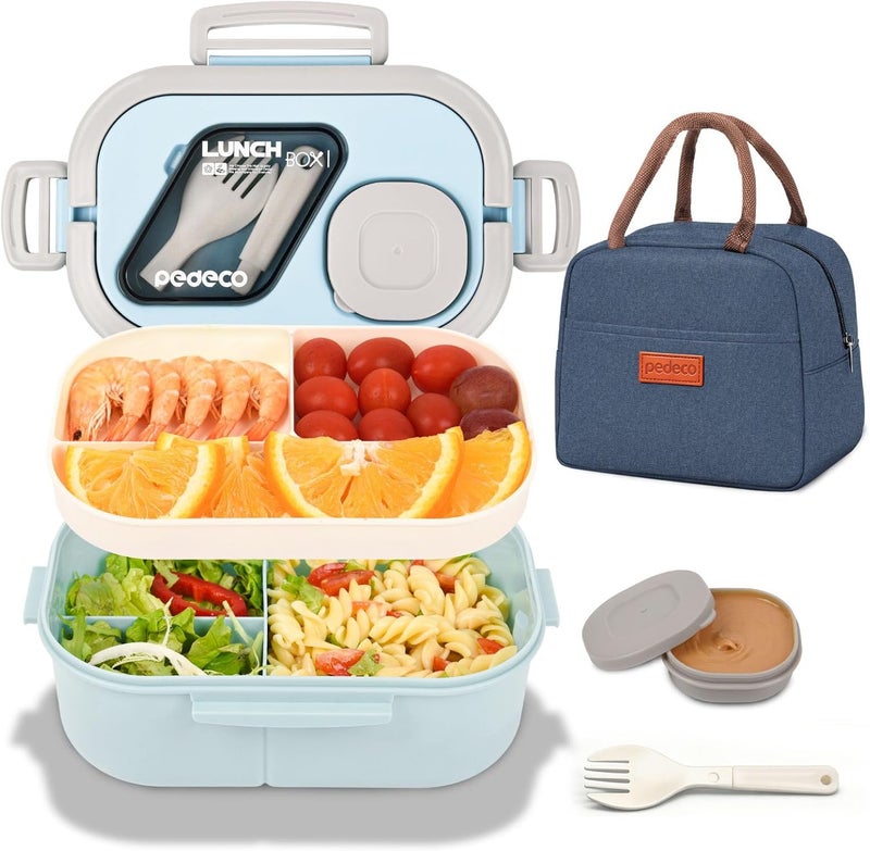 PEDECO All-in-one Bento Lunch Box Set for Adults & Kids with Insulated Bag, Leakproof 3-Compartment and 2-Tier Stackable Container with Portable Sauce Pod, Microwave/Dishwasher Safe, BPA-Free (Blue) - Image 1