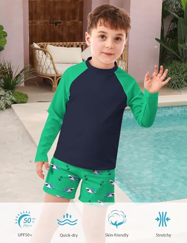 SunFocus 1012 Rash Guard Sets Boys Swimsuit and Swimming Trunks Shark Long Sleeve Bathing Suit Swimwear Sets Green - Image 3