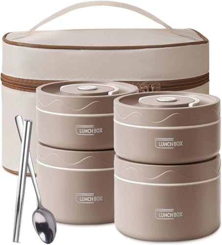 daiDokoro Stainless Steel 4 Insulated Container Lunch Box Set with Thermal Bag & Cutlery for Students/Office/College/Picnic - (Brown, 1940 ML) - Image 1
