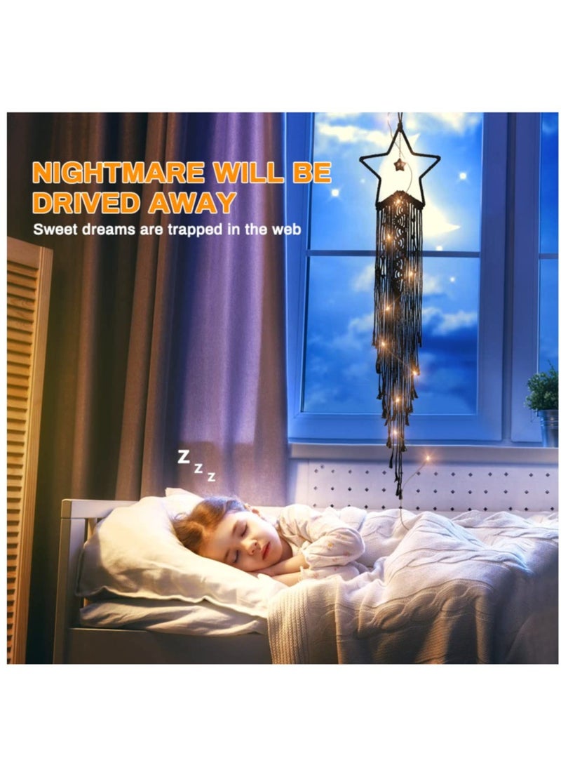 SOLARAE Dream Catcher 2Pcs Moon Star Dream Catcher Bedroom Accessories Black Handmade Wall Decor DIY Dreamcatcher Kit with LED String LIght for Girls Kids Bedroom Wall Hanging Decoration Gift Black - Image 2