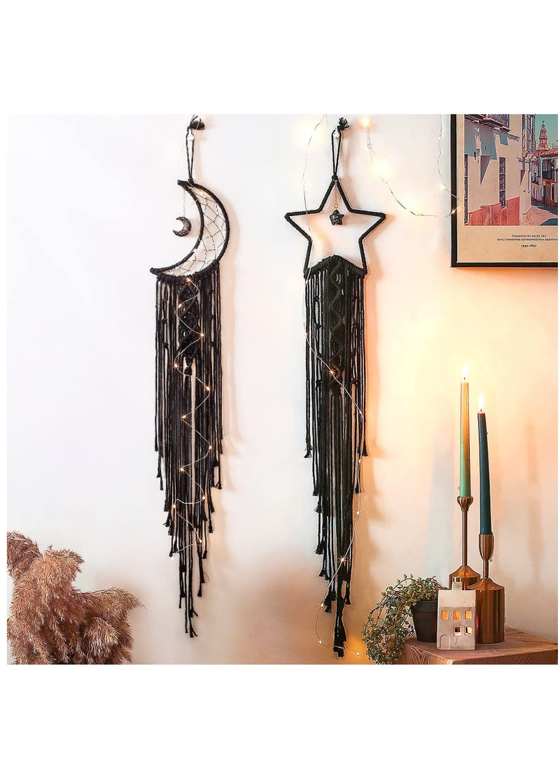 SOLARAE Dream Catcher 2Pcs Moon Star Dream Catcher Bedroom Accessories Black Handmade Wall Decor DIY Dreamcatcher Kit with LED String LIght for Girls Kids Bedroom Wall Hanging Decoration Gift Black - Image 4