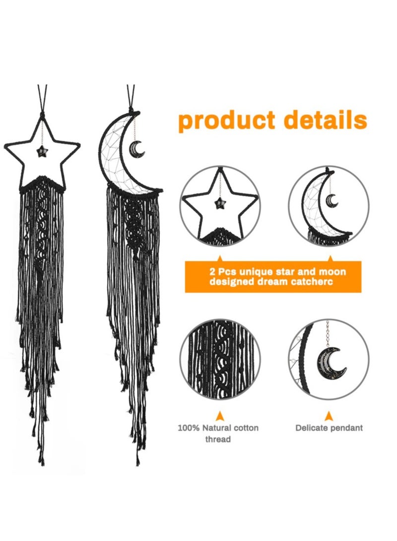 SOLARAE Dream Catcher 2Pcs Moon Star Dream Catcher Bedroom Accessories Black Handmade Wall Decor DIY Dreamcatcher Kit with LED String LIght for Girls Kids Bedroom Wall Hanging Decoration Gift Black - Image 5
