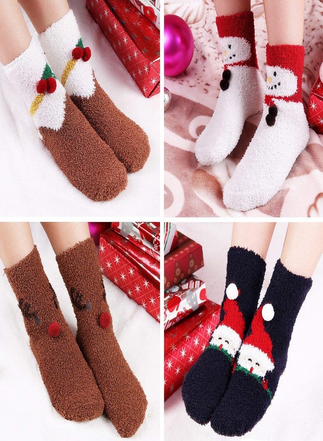 Aniwon Christmas Socks Fuzzy, 4 Pairs Holiday Fluffy Plush Slipper Socks Cute Cozy Xmas Sock Winter Warm Thick Home Socks with 3D Cute Pattern For Women Girls Gift - Image 2