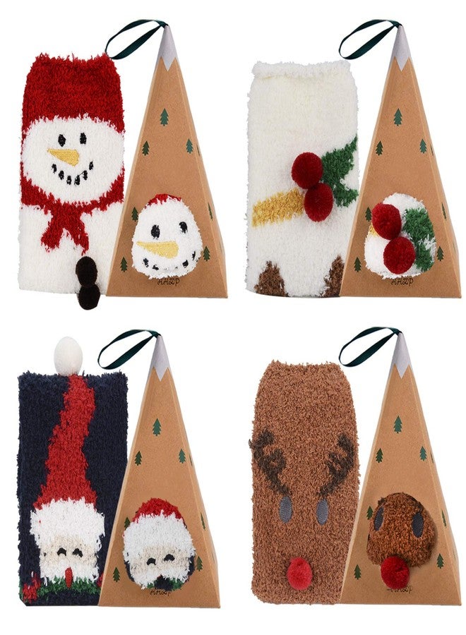 Aniwon Christmas Socks Fuzzy, 4 Pairs Holiday Fluffy Plush Slipper Socks Cute Cozy Xmas Sock Winter Warm Thick Home Socks with 3D Cute Pattern For Women Girls Gift - Image 1