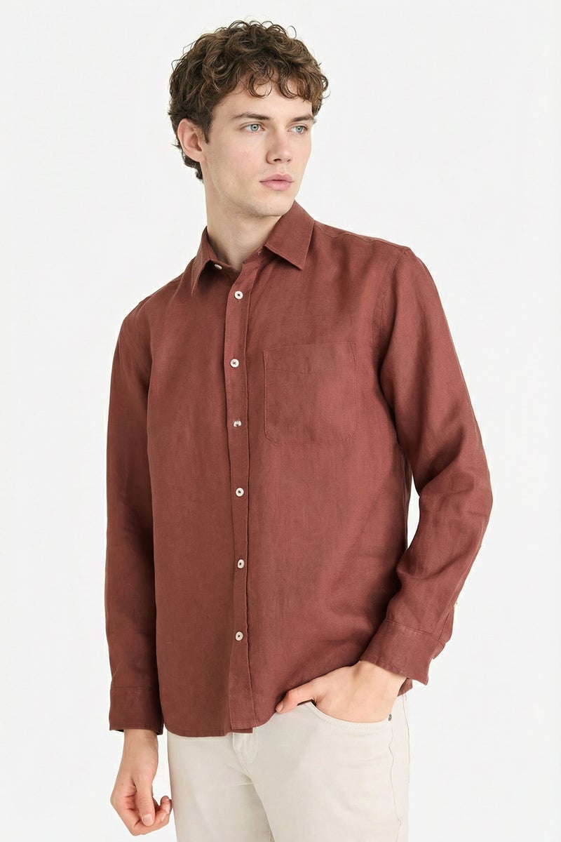 DeFacto Brown Man 100% Linen Shirt Casual - Image 3