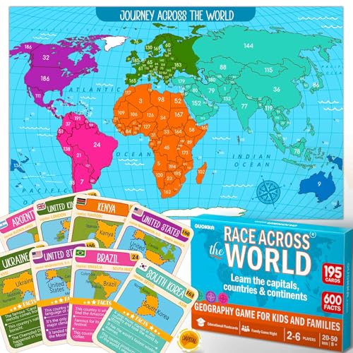 QUOKKA Board Games for Kids 812 Family Games for Kids and Adults Journey Across The World Card Game Ages 59 Learn Capitals Flags Facts and Map Locations with 195 World Map Cards - Image 1