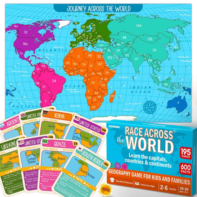 QUOKKA Board Games for Kids 812 Family Games for Kids and Adults Journey Across The World Card Game Ages 59 Learn Capitals Flags Facts and Map Locations with 195 World Map Cards - Image 3