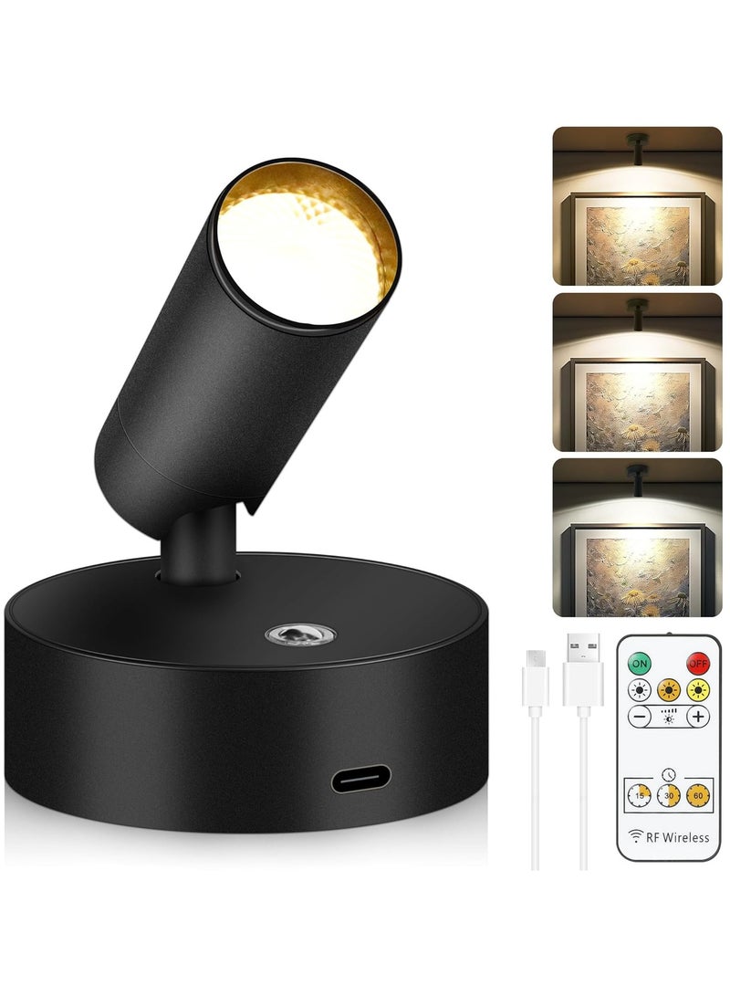 أضواء LED لاسلكية سبوت لايت تعمل بالبطارية الداخلية مع جهاز تحكم عن بعد، مصابيح قابلة لإعادة الشحن في الداخل مع مؤقت وخافت للضوء، أضواء صور 3CCT للجدار، أضواء سبوت لايت للنباتات والأعمال الفنية - أسود - Image 1